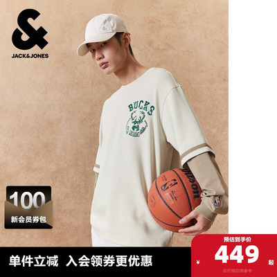 【NBA联名款雄鹿队】杰克琼斯男装春季T恤假两件刺绣圆领宽松