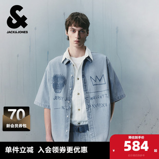 上衣男装 外套翻领印花牛仔短袖 衬衫 杰克琼斯BSQ联名男秋新款