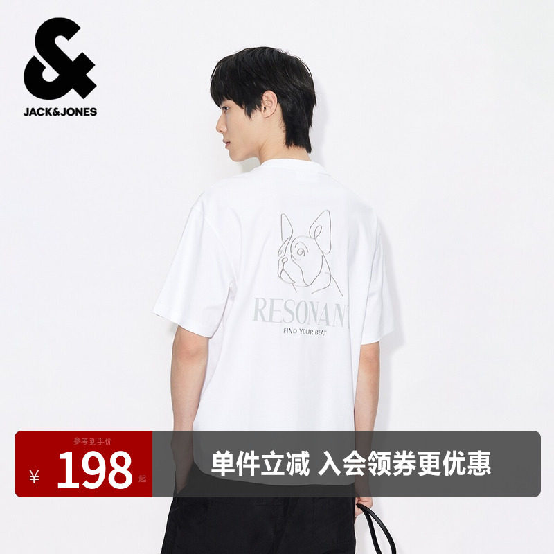 杰克琼斯男装夏季T恤时尚百搭刺绣背后法斗犬装饰舒适圆领宽松