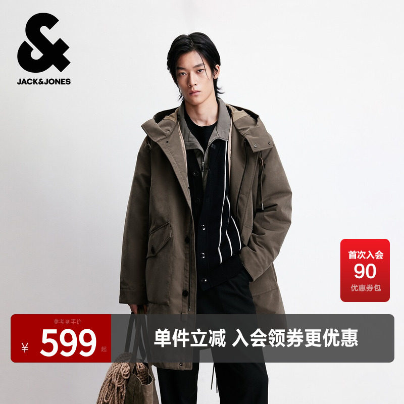 杰克琼斯男装春秋新款百搭日常棉服高领连帽外套通勤休闲长款上衣