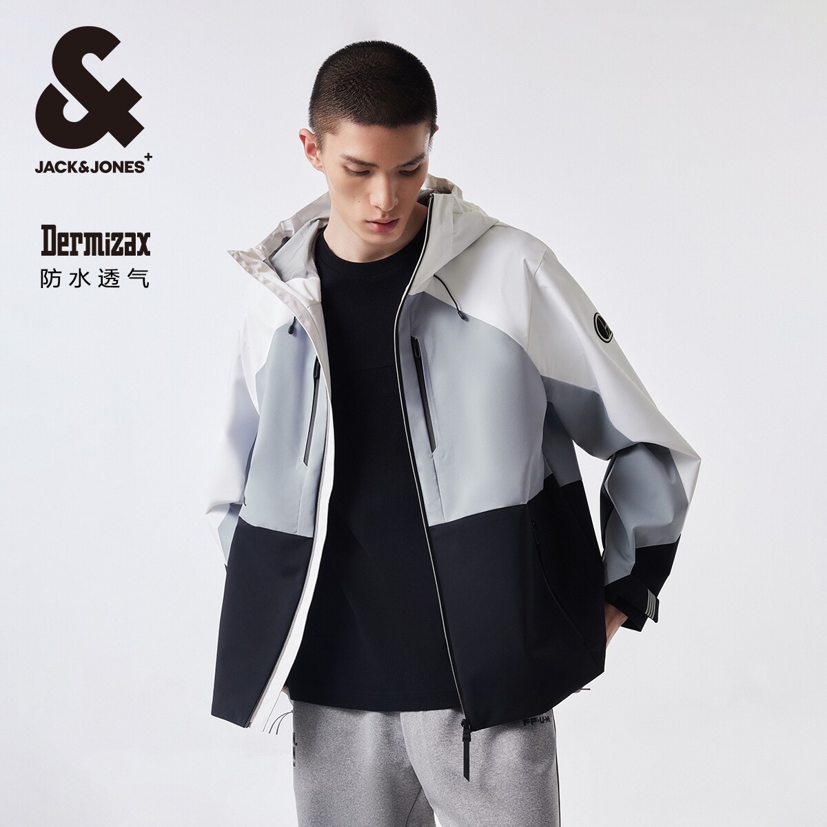 杰克琼斯男装 外套春季男士撞色拼接防风反光字母胶印夹克连帽