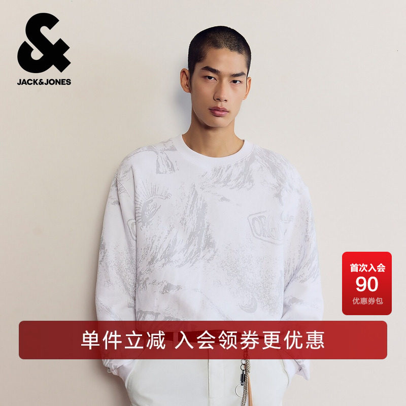 杰克琼斯男生春秋季百搭卫衣2025年新款纯棉圆领长袖图案印花上衣