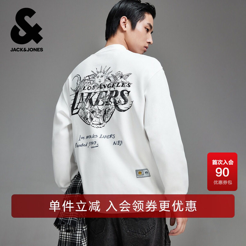 杰克琼斯春秋新款NBA联名湖人队略宽松贴布百搭潮流圆领卫衣男款