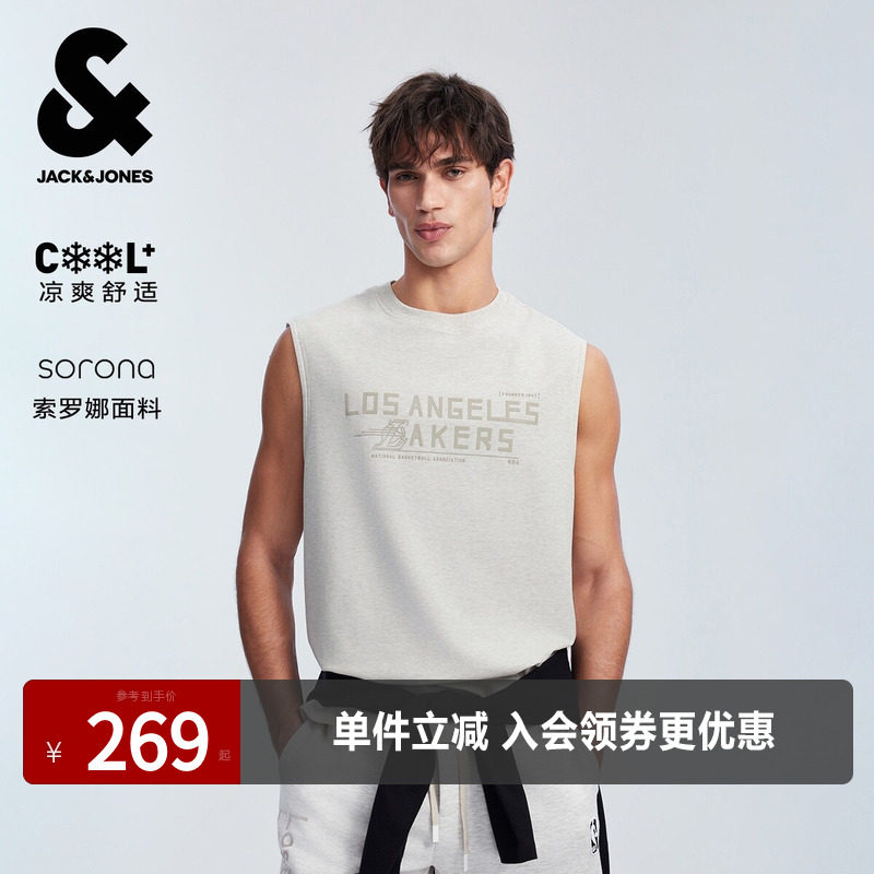 杰克琼斯NBA湖人队联名夏季男装背心字母胶印舒适高级感短袖