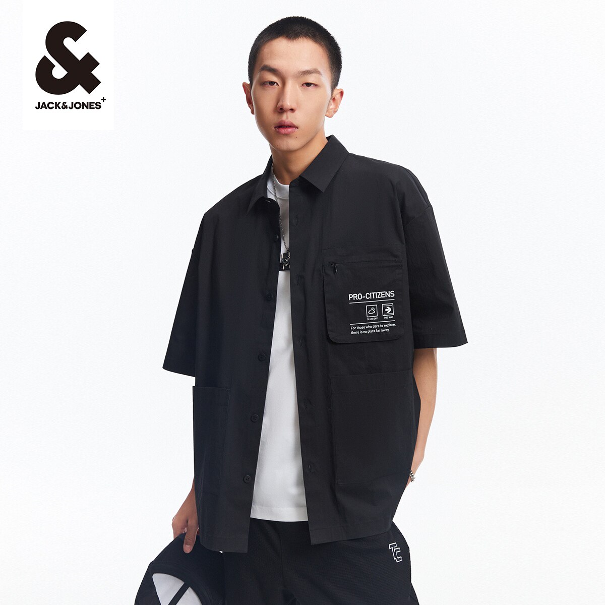 杰克琼斯奥特莱斯夏季新款时尚衣服休闲翻领宽松字母短袖衬衫男装