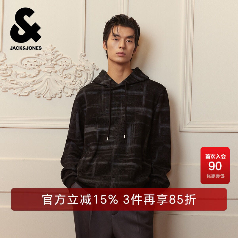 杰克琼斯奥特莱斯男装士春秋季新款抽绳连帽卫衣经典图案百搭上衣
