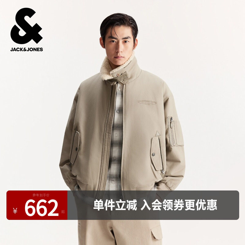 杰克琼斯男装春秋新款精致刺绣休闲宽松仿羊羔绒翻领棉衣棉服外套