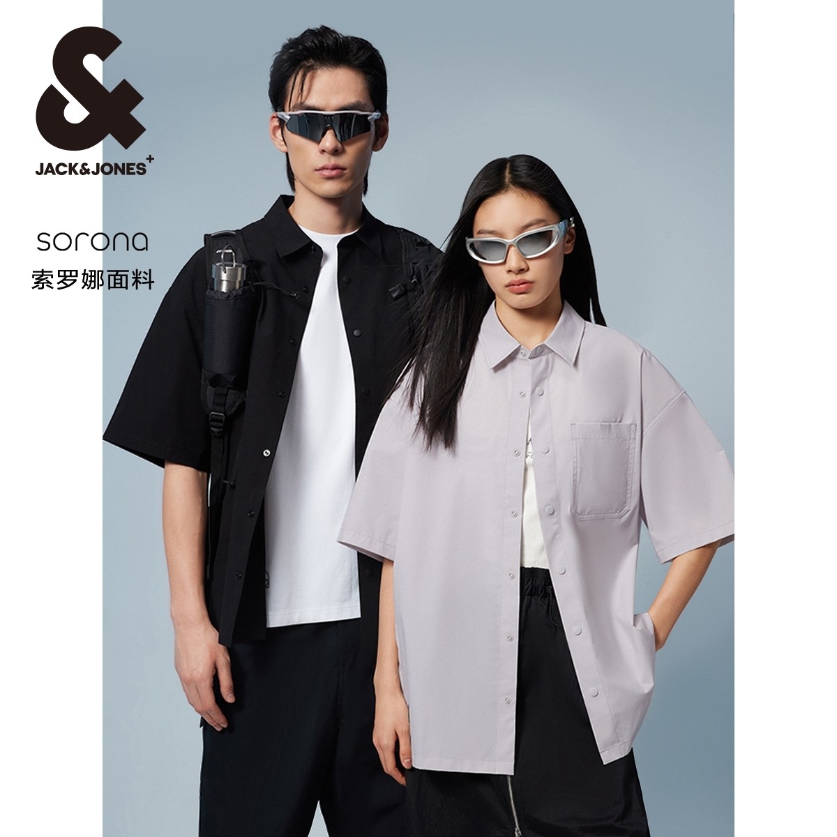 杰克琼斯夏季新款休闲户外工装风情侣款衬衣字母短袖衬衫男装