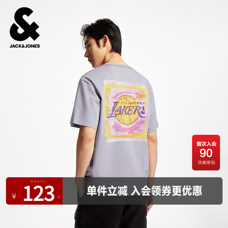 杰克琼斯NBA联名款男装夏季新款纯棉印花字母贴布日常休闲短袖T恤