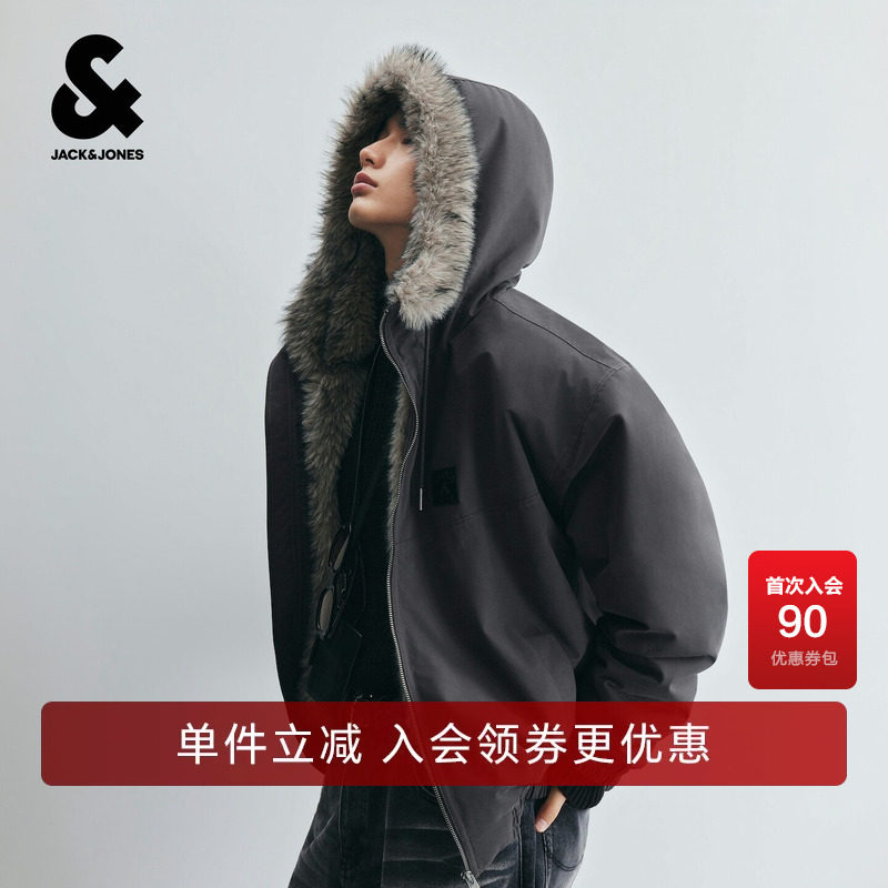 杰克琼斯男装棉服仿貂毛潮时尚百搭大众休闲字母印花保暖棉服外套
