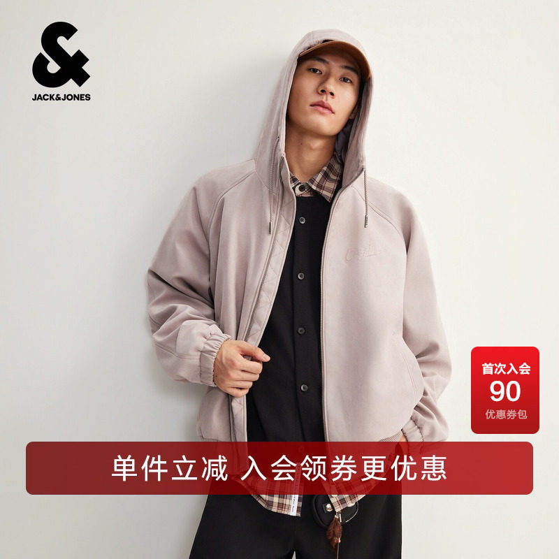 杰克琼斯男装夹克外套皮质刺绣袖标刺绣字母胶印百搭休闲连帽宽松