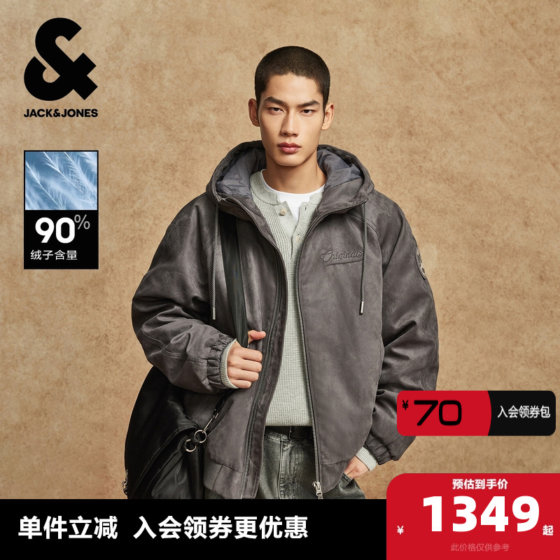杰克琼斯男装冬季羽绒服宽松抽绳连帽绒感面料设计感立体字母外套