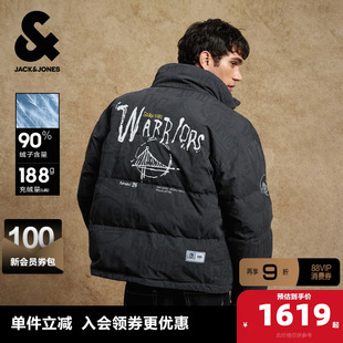 杰克琼斯奥特莱斯NBA联名勇士队男装冬季羽绒服满印立领外套