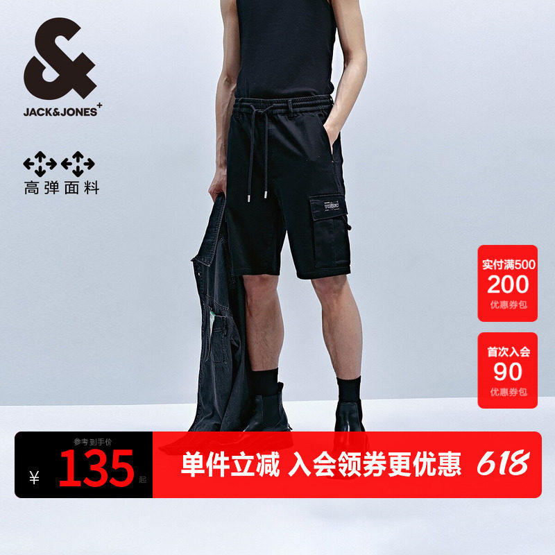 杰克琼斯男装牛仔裤子夏季时尚潮工装风舒适黑色直筒牛仔短裤男裤