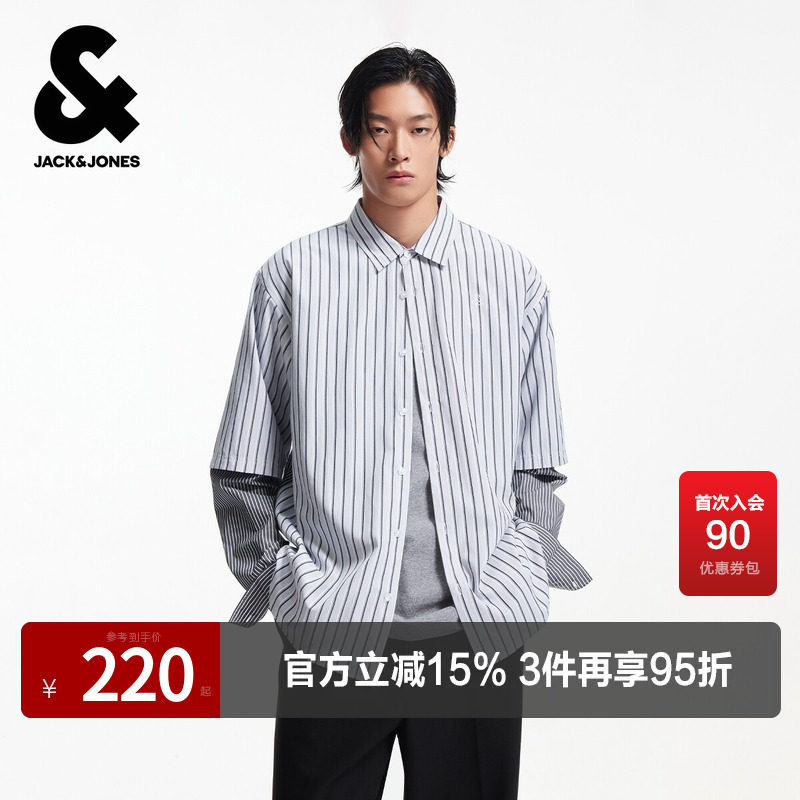 杰克琼斯男生春秋季假两件拼色衬衫2025年新款经典百搭外套