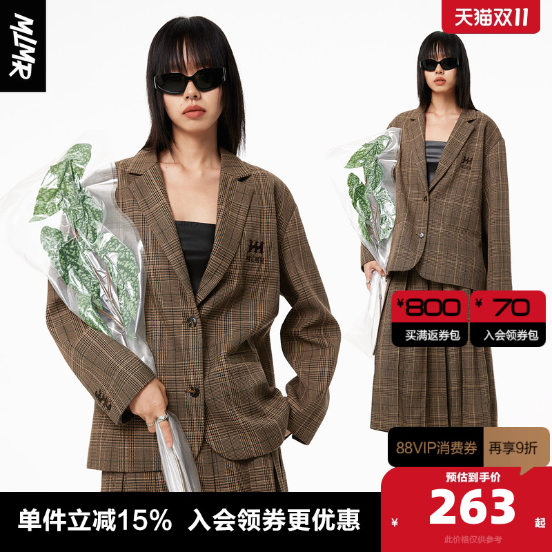 MLMR秋季女士双腰头复古学院千鸟格百褶半身裙+西服外套女男装