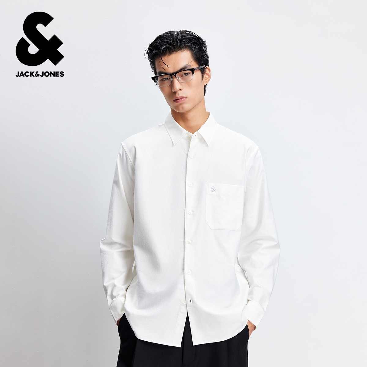 杰克琼斯男装秋季新款商务休闲通勤上班纯棉舒适纯色宽松长袖衬衫