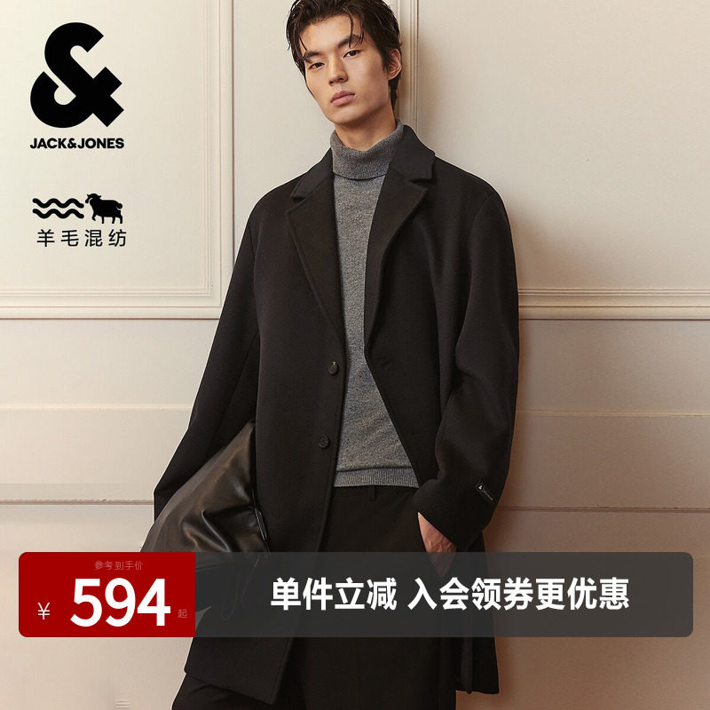 杰克琼斯春秋毛呢大衣保暖外套潮流宽松纽扣门襟双侧插袋百搭男装