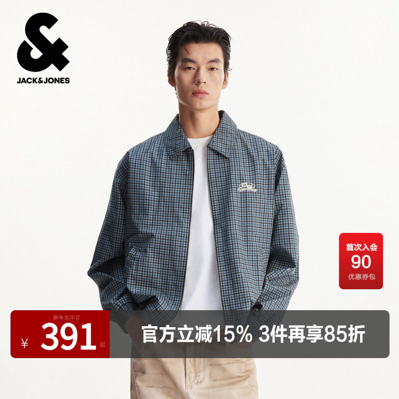杰克琼斯男装春季夹克外套格纹图案时尚休闲百搭拉链衬衫领宽松