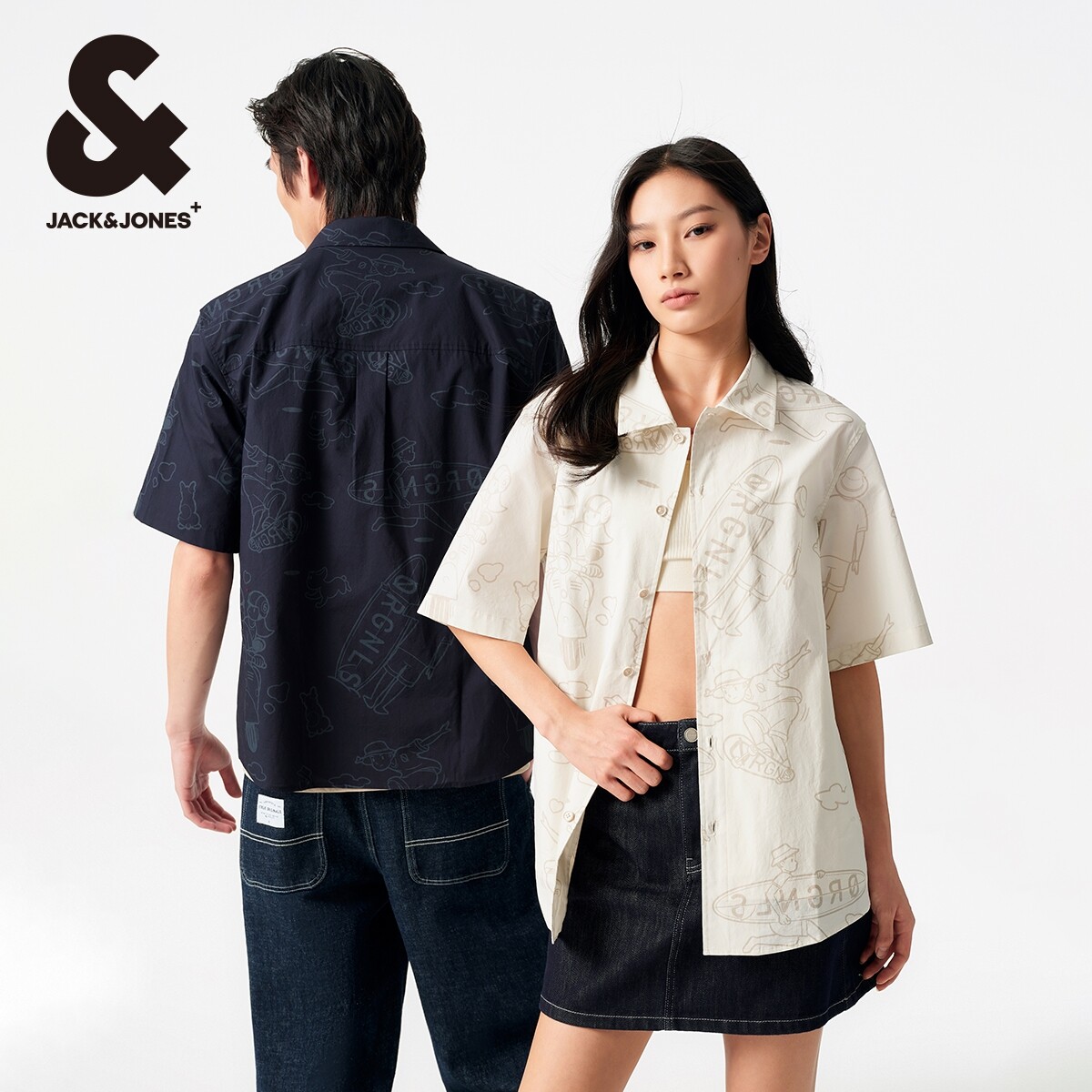 杰克琼斯夏季奥莱户外潮宽松度假满印衬衣情侣款纯棉短袖衬衫男装