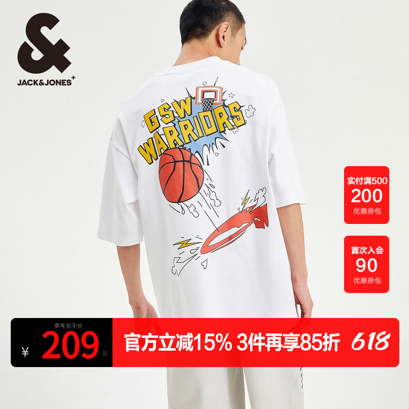 杰克琼斯奥特莱斯夏季款NBA联名勇士队宽松字母纯棉短袖T恤男装