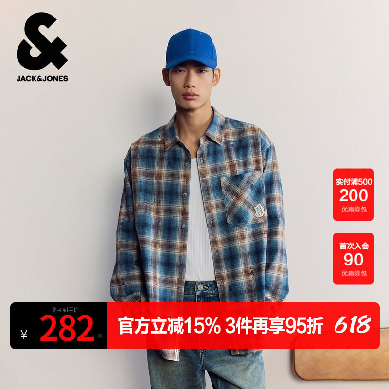 杰克琼斯男生春秋季衣身格纹衬衫2025年新款纯棉长袖质感上衣