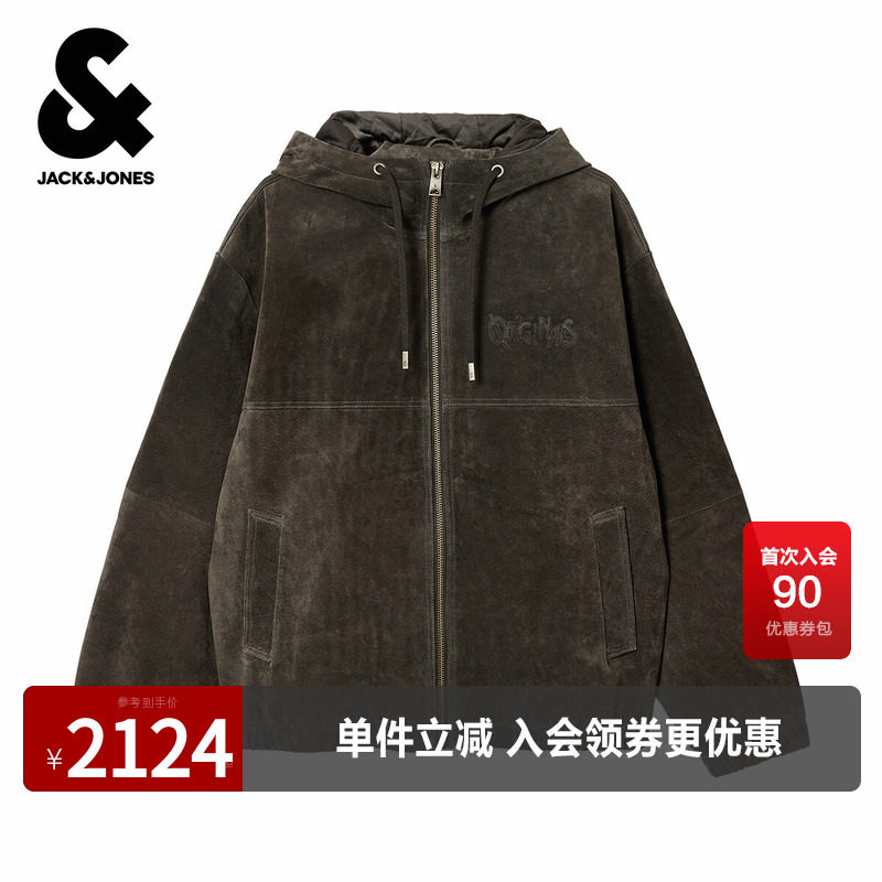 杰克琼斯男装春秋皮衣抽绳连帽纯色简约字母日常百搭长袖上衣外套