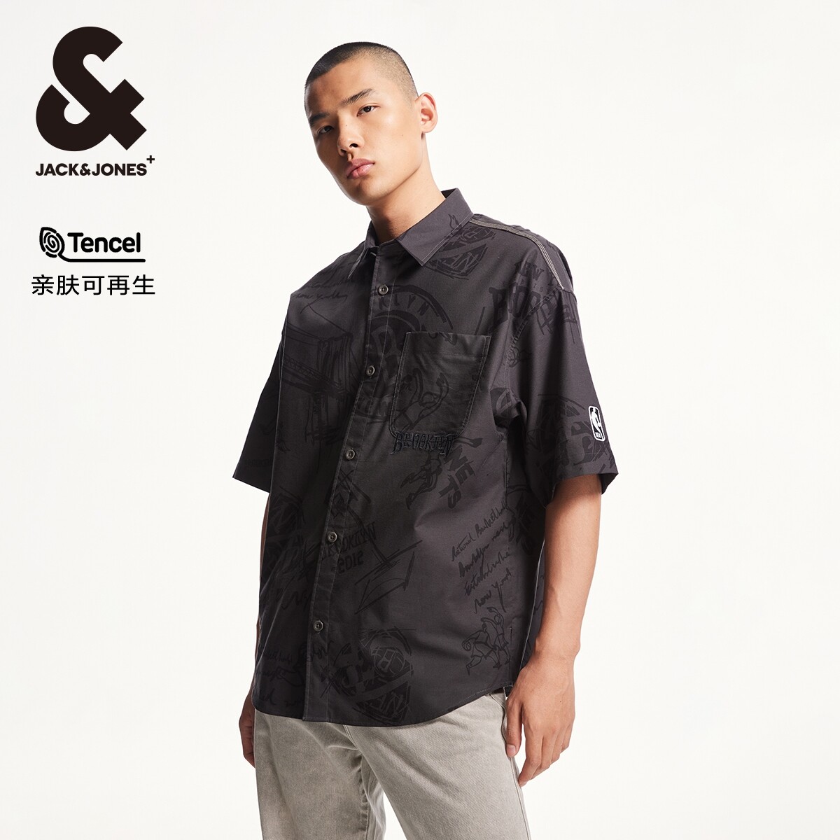 杰克琼斯夏季新款宽松潮纯棉舒适山海经满印时尚上衣衬衫短袖男装