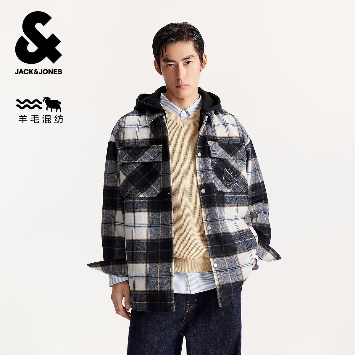 杰克琼斯男装毛呢大衣春秋季新款时尚刺绣可拆卸连帽宽松翻领外套
