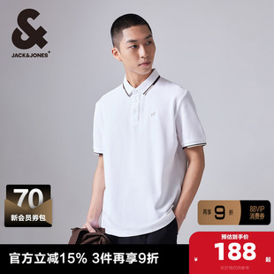 杰克琼斯夏季螺纹翻领底摆开衩胸前刺绣男士短袖POLO衫男款男装