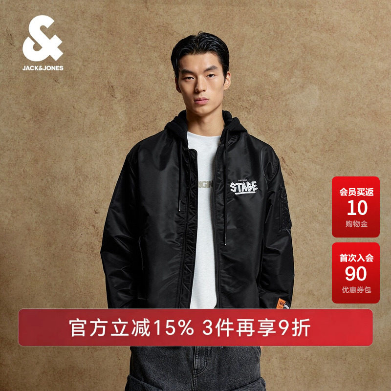 杰克琼斯男装棉服秋秋冬休闲刺绣假两件领休闲连帽廓形保暖外套