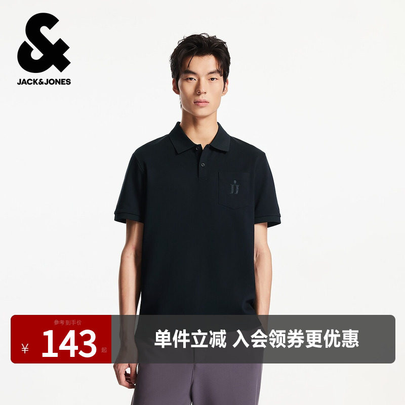 杰克琼斯男装夏季潮休闲翻领胸前贴布插袋短袖上衣男士POLO衫男款