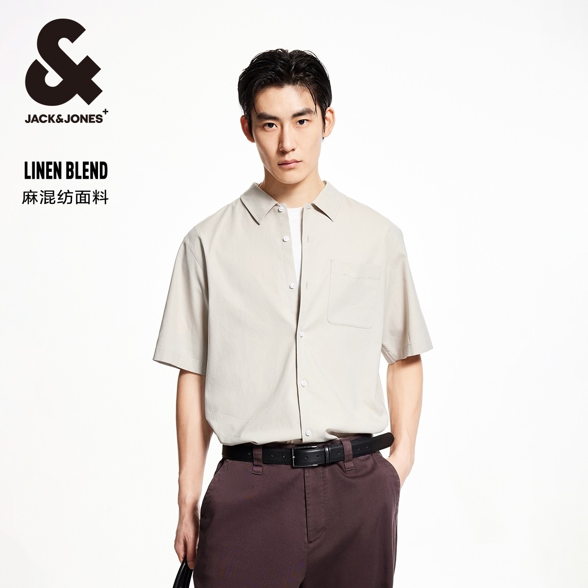 杰克琼斯奥特莱斯夏季字母刺绣时尚百搭休闲宽松短袖翻领衬衫男装