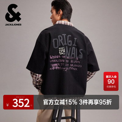 杰克琼斯男装春季新款纯棉OVERSIZED假两件格纹翻领长袖衬衫外套
