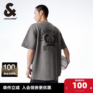 杰克琼斯男士短袖T恤男装NBA联名雄鹿队夏季宽松渐变肌理字母胶印