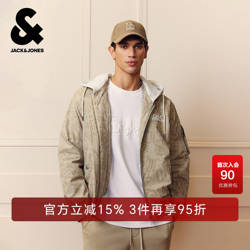 杰克琼斯奥特莱斯男装棉服春秋新款时尚刺绣logo宽松连帽保暖外套