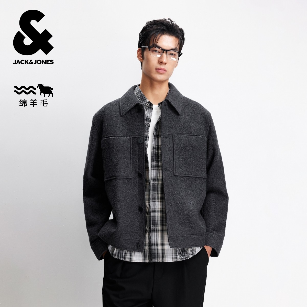 【纯羊毛】杰克琼斯奥特莱斯男装秋季毛呢大衣纯色正肩翻领潮外套