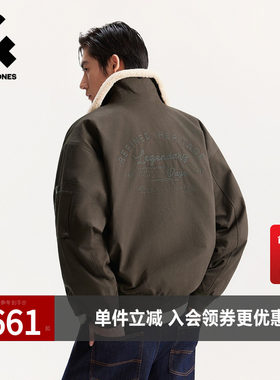 杰克琼斯男装春秋新款精致刺绣休闲宽松仿羊羔绒翻领棉衣棉服外套