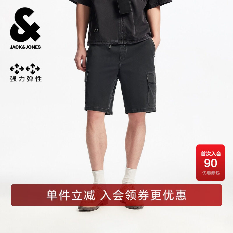 杰克琼斯奥特莱斯男装夏季新款牛仔短裤纯色抽绳直筒休闲弹力裤子