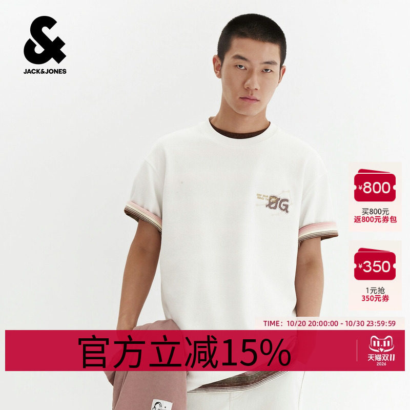杰克琼斯男装短袖T恤舒适百搭潮精致印花刺绣肌理感罗纹圆领宽松