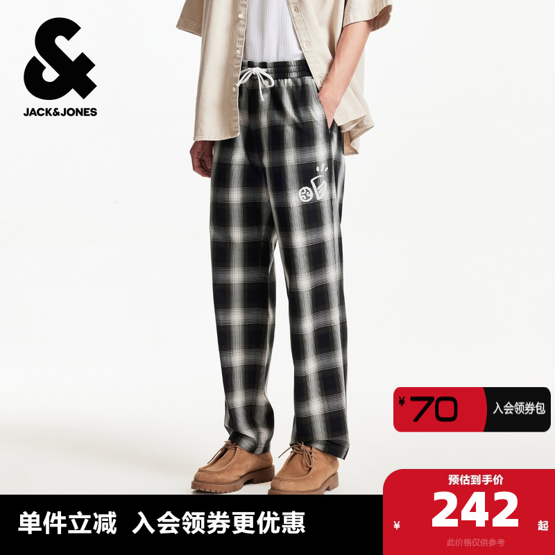 杰克琼斯夏季时尚潮流宽松双侧插袋格纹设计松紧腰休闲裤子男装