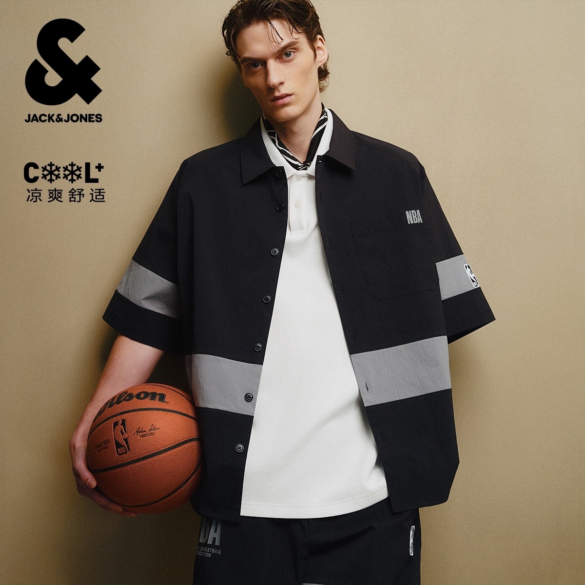 杰克琼斯男装夏季时尚潮流舒适宽松版型尖领撞色拼接短袖衬衫外套