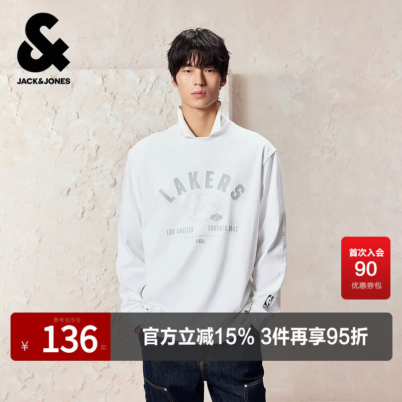杰克琼斯奥特莱斯男装春秋T恤2025年新款NBA联名字母胶印刺绣长袖