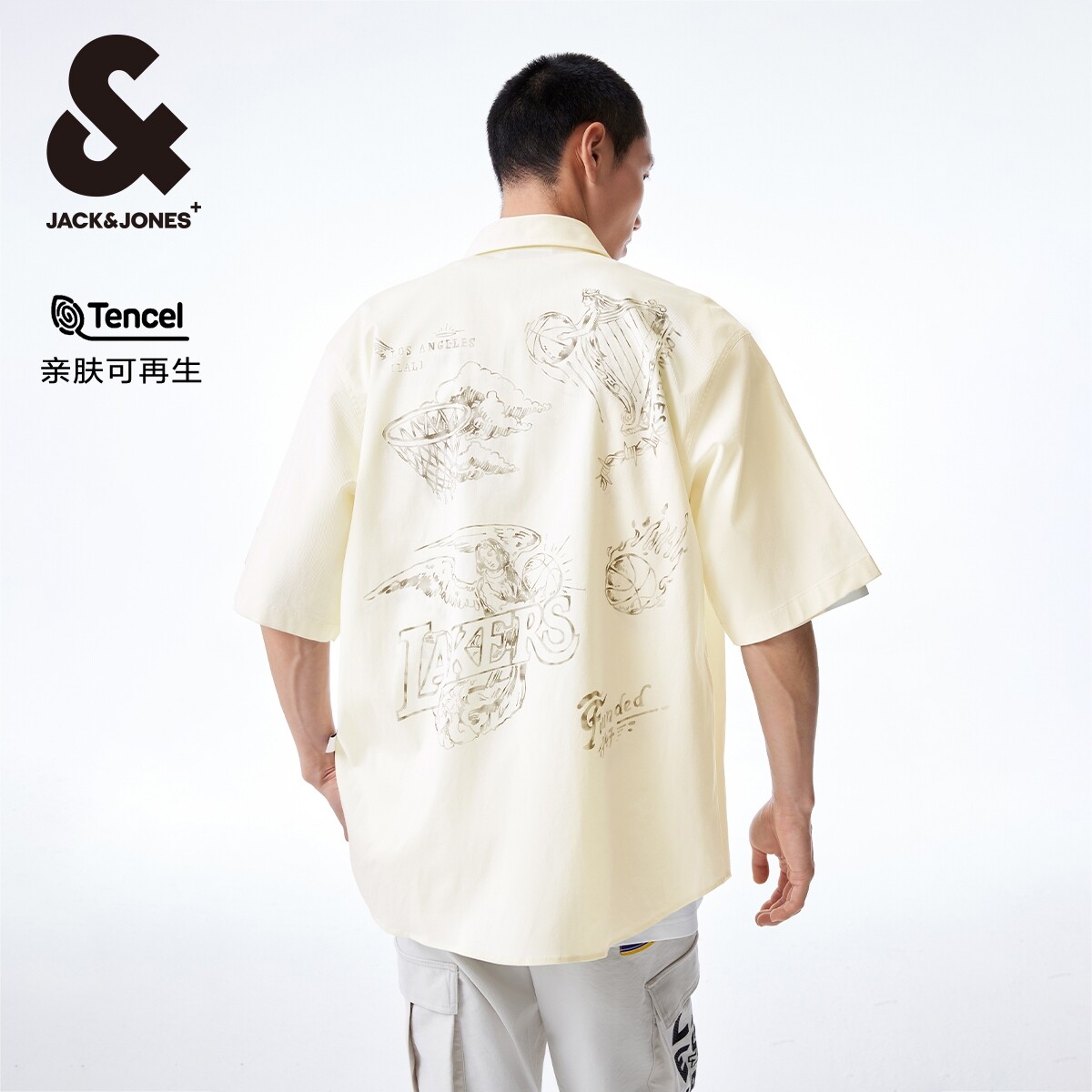 杰克琼斯NBA联名洛杉矶湖人队夏季新款尖领短袖衬衫贴布满印男装