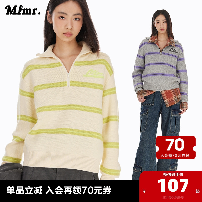 MLMR宽松舒适保暖衣身撞色条纹图案提花上衣针织衫毛衣女装男装