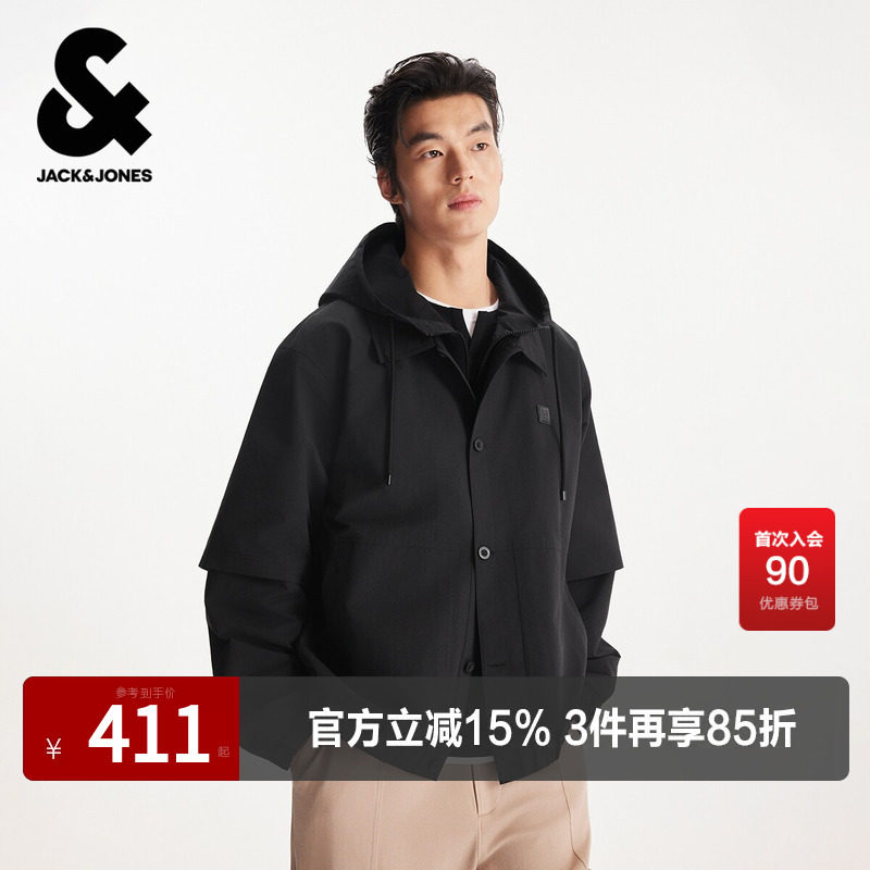 杰克琼斯男装春季夹克外套皮质LOGO潮流时尚简约休闲假两件设计