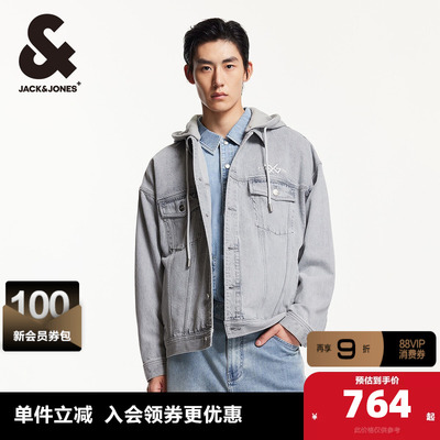杰克琼斯春季新款oversied舒适可拆卸连帽牛仔夹克外套男装