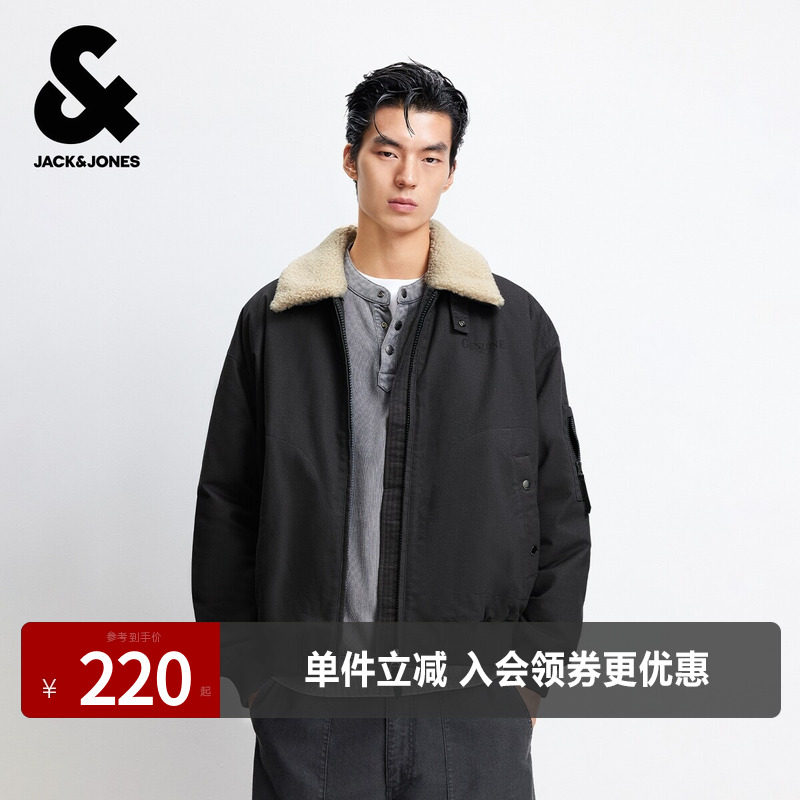 杰克琼斯男装春秋季新款复古休闲可拆卸毛领宽松翻领棉衣棉服外套