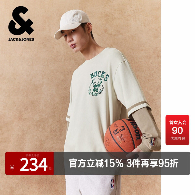 【NBA联名款雄鹿队】杰克琼斯男装春季T恤假两件刺绣圆领宽松