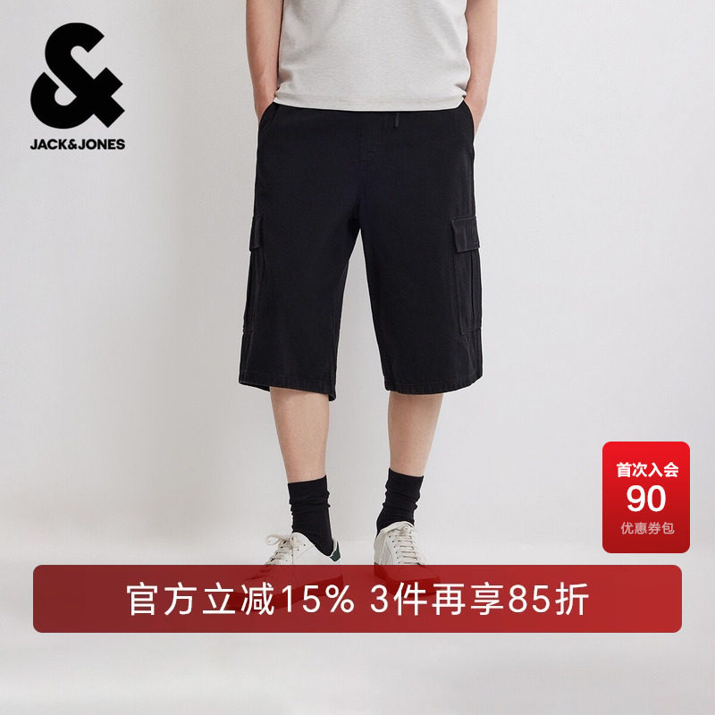 杰克琼斯男装夏季高级感松紧抽绳休闲百搭简约魔术贴口袋超阔短裤
